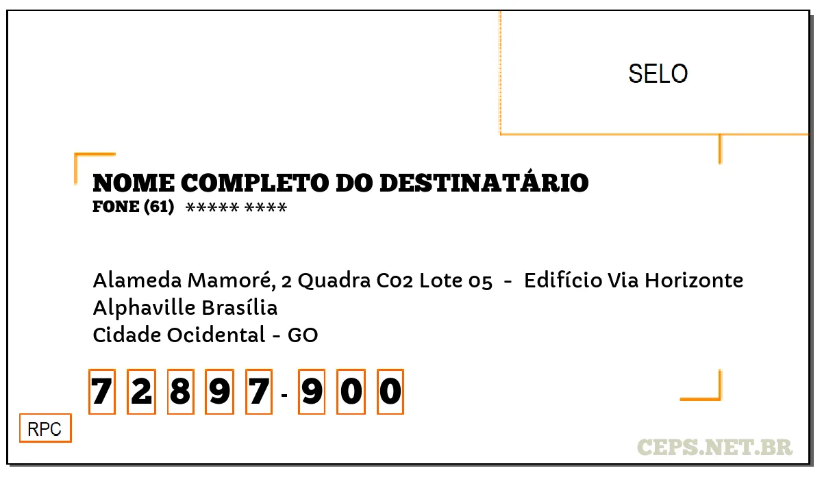 CEP CIDADE OCIDENTAL - GO, DDD 61, CEP 72897900, ALAMEDA MAMORÉ, 2 QUADRA C02 LOTE 05 , BAIRRO ALPHAVILLE BRASÍLIA.