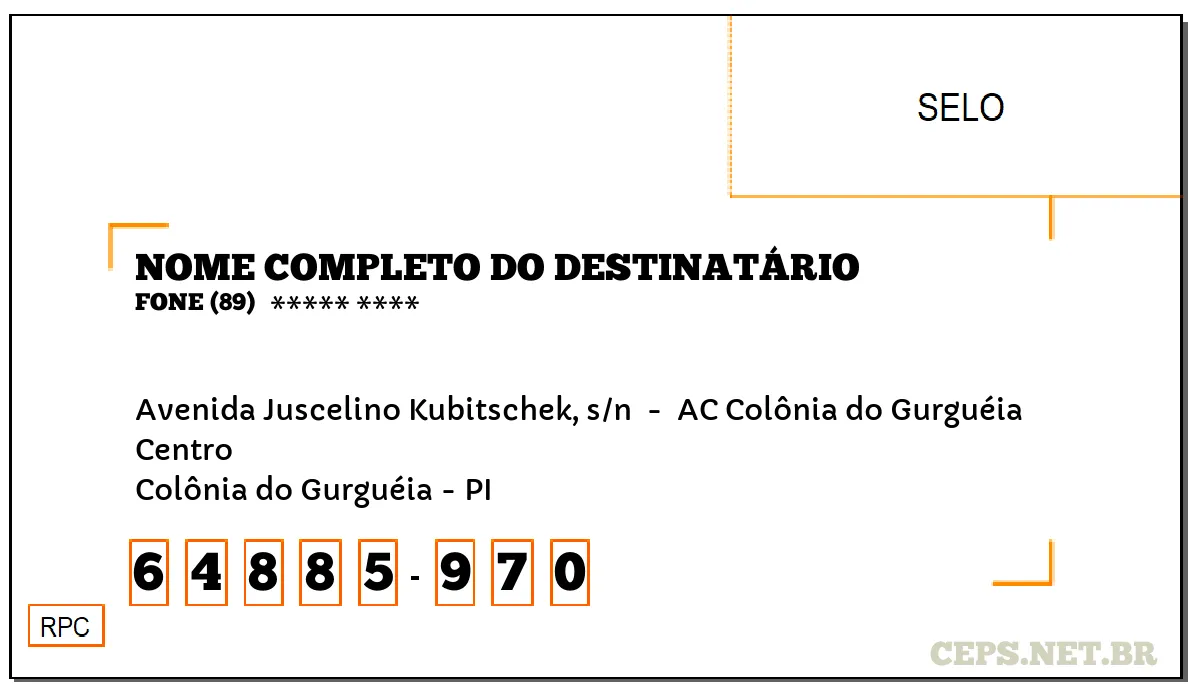 CEP COLÔNIA DO GURGUÉIA - PI, DDD 89, CEP 64885970, AVENIDA JUSCELINO KUBITSCHEK, S/N , BAIRRO CENTRO.