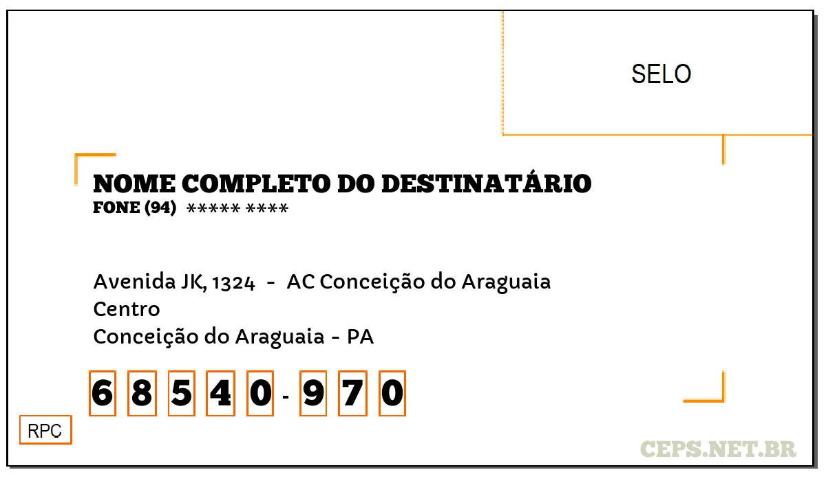 CEP CONCEIÇÃO DO ARAGUAIA - PA, DDD 94, CEP 68540970, AVENIDA JK, 1324 , BAIRRO CENTRO.