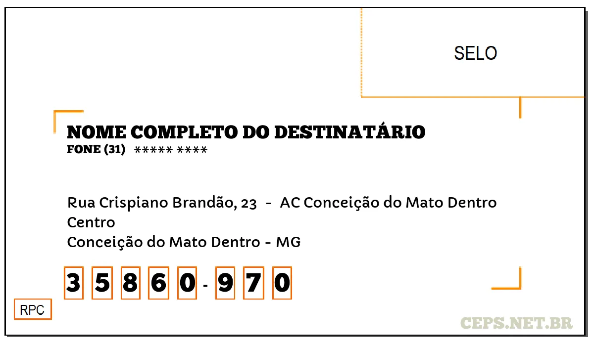 CEP CONCEIÇÃO DO MATO DENTRO - MG, DDD 31, CEP 35860970, RUA CRISPIANO BRANDÃO, 23 , BAIRRO CENTRO.