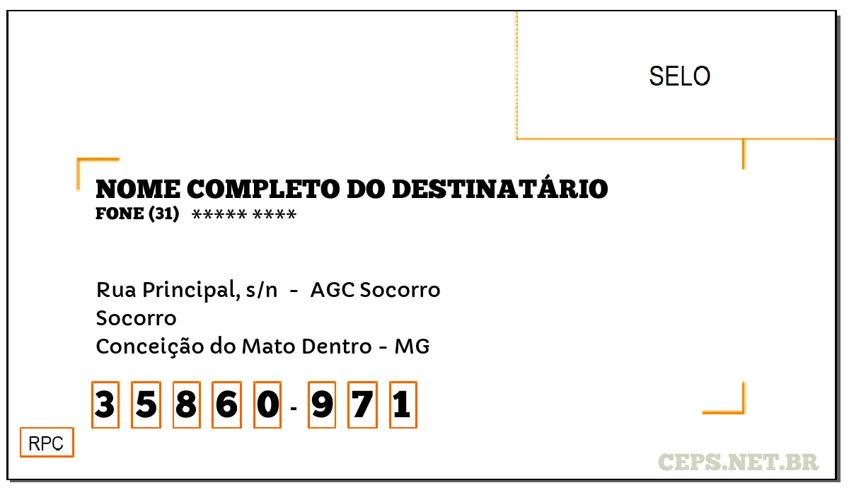 CEP CONCEIÇÃO DO MATO DENTRO - MG, DDD 31, CEP 35860971, RUA PRINCIPAL, S/N , BAIRRO SOCORRO.