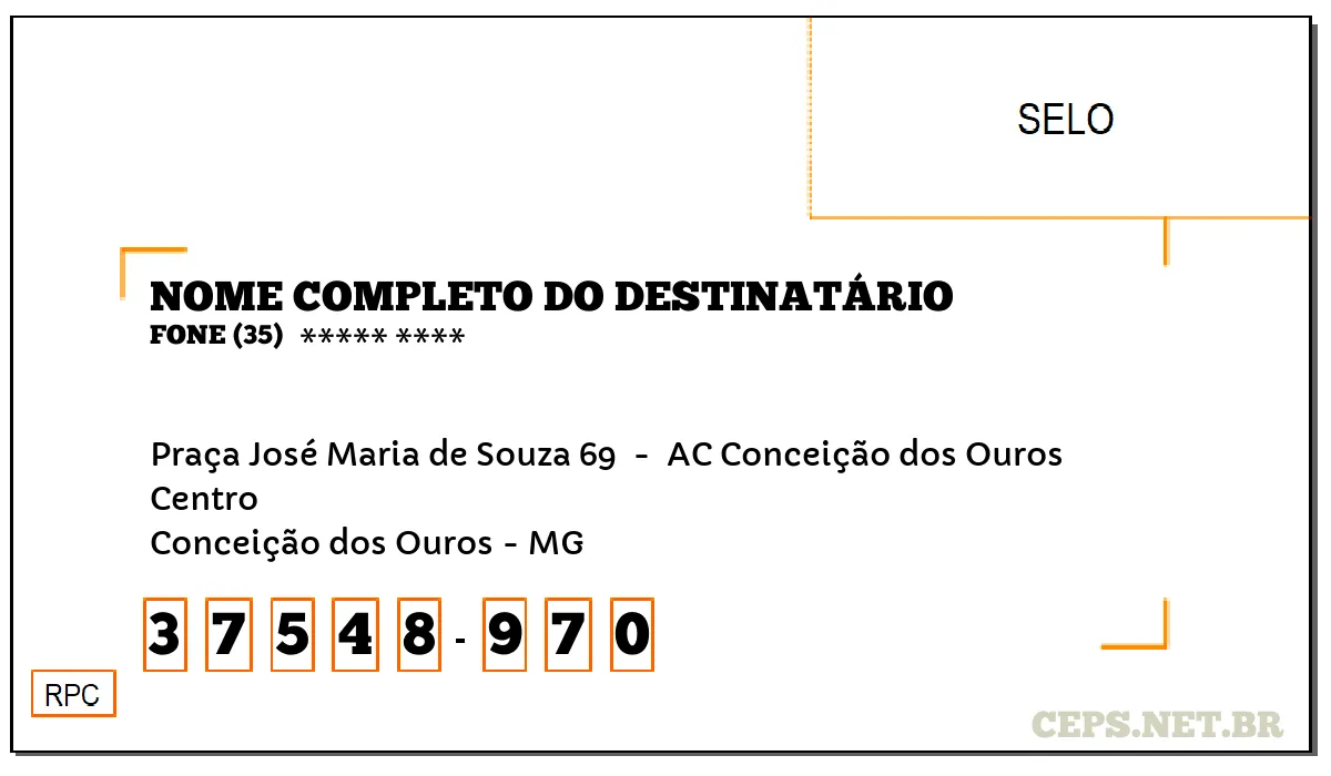 CEP CONCEIÇÃO DOS OUROS - MG, DDD 35, CEP 37548970, PRAÇA JOSÉ MARIA DE SOUZA 69 , BAIRRO CENTRO.