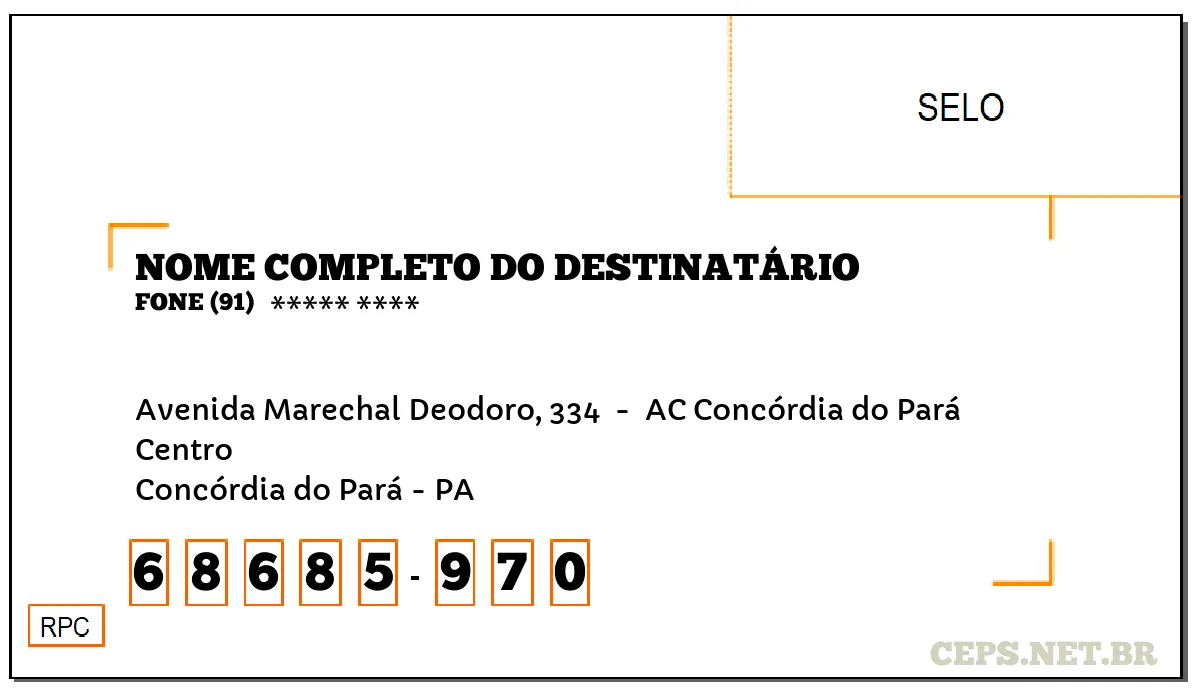 CEP CONCÓRDIA DO PARÁ - PA, DDD 91, CEP 68685970, AVENIDA MARECHAL DEODORO, 334 , BAIRRO CENTRO.