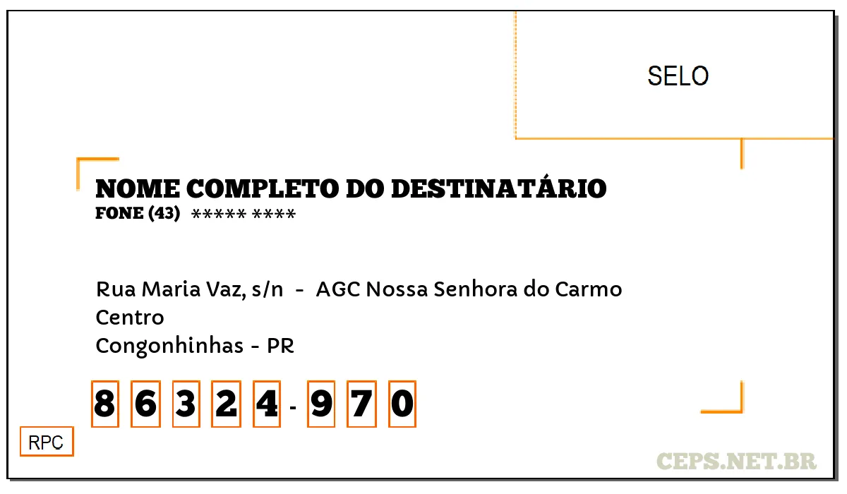 CEP CONGONHINHAS - PR, DDD 43, CEP 86324970, RUA MARIA VAZ, S/N , BAIRRO CENTRO.