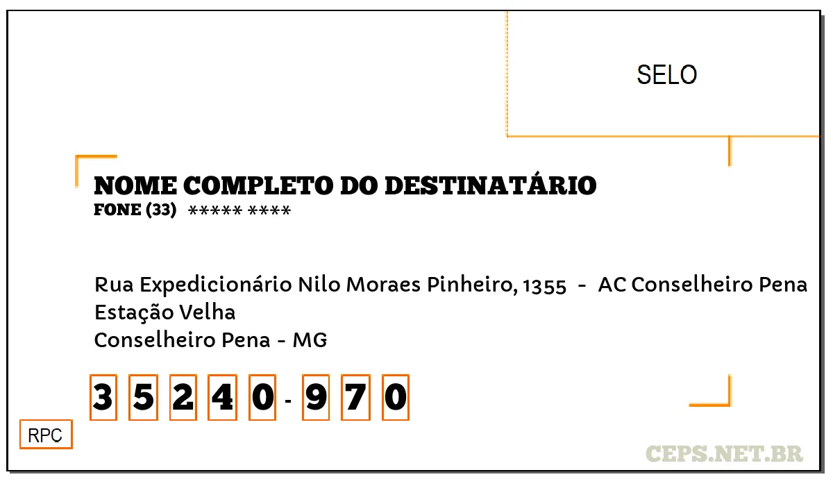 CEP CONSELHEIRO PENA - MG, DDD 33, CEP 35240970, RUA EXPEDICIONÁRIO NILO MORAES PINHEIRO, 1355 , BAIRRO ESTAÇÃO VELHA.