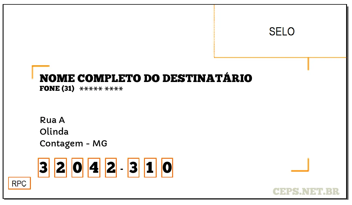 CEP CONTAGEM - MG, DDD 31, CEP 32042310, RUA A, BAIRRO OLINDA.