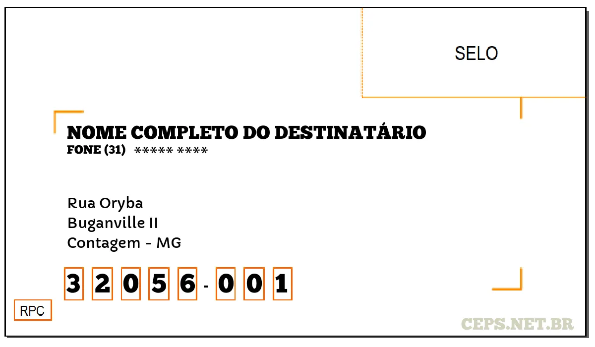 CEP CONTAGEM - MG, DDD 31, CEP 32056001, RUA ORYBA, BAIRRO BUGANVILLE II.