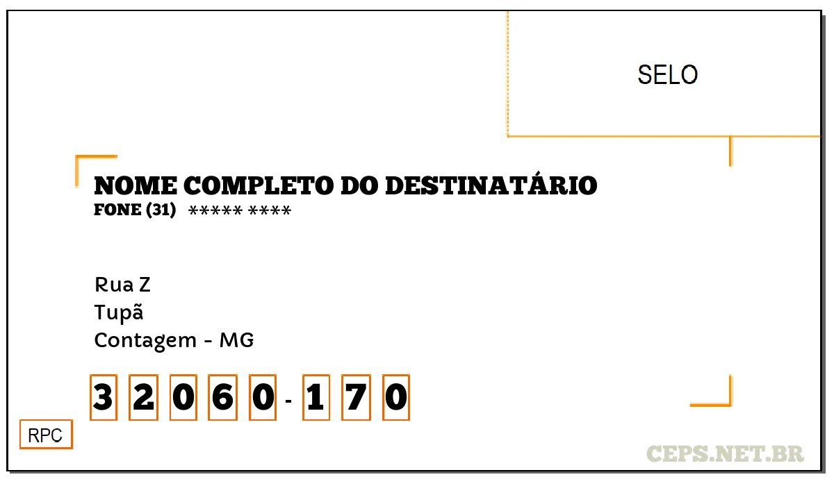 CEP CONTAGEM - MG, DDD 31, CEP 32060170, RUA Z, BAIRRO TUPÃ.