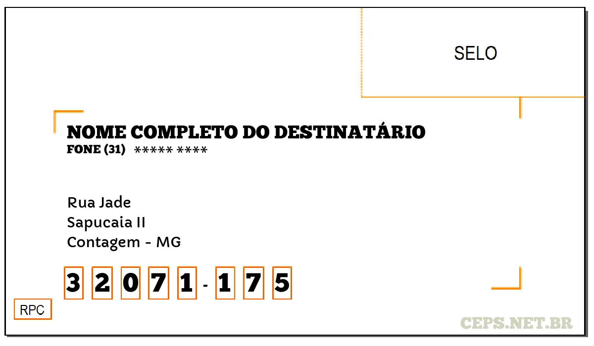 CEP CONTAGEM - MG, DDD 31, CEP 32071175, RUA JADE, BAIRRO SAPUCAIA II.