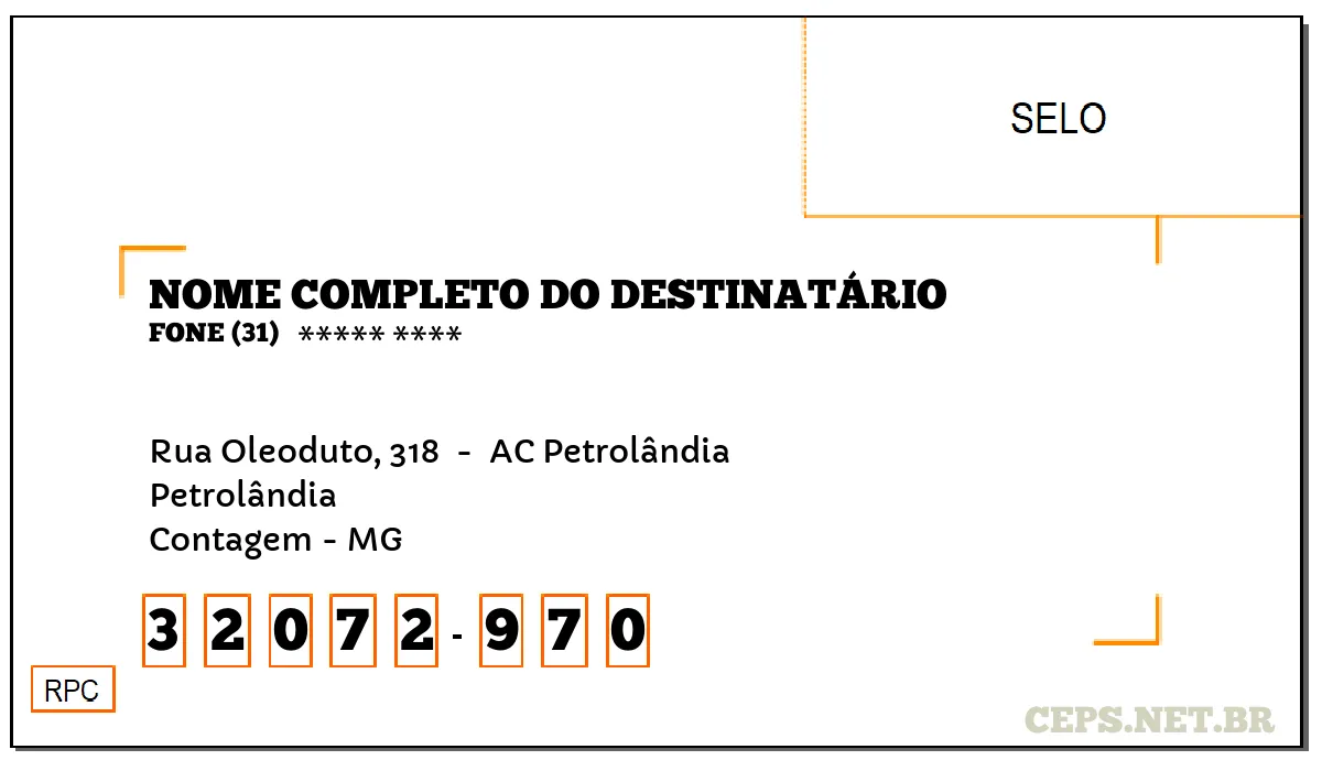 CEP CONTAGEM - MG, DDD 31, CEP 32072970, RUA OLEODUTO, 318 , BAIRRO PETROLÂNDIA.