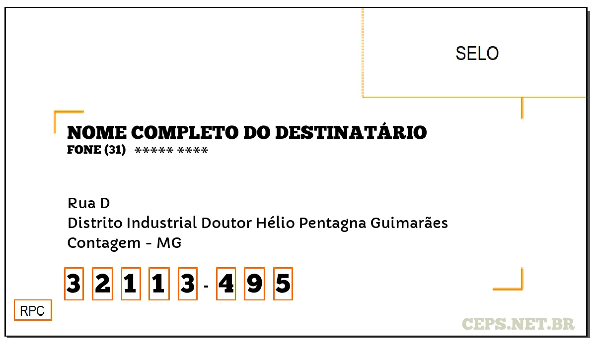 CEP CONTAGEM - MG, DDD 31, CEP 32113495, RUA D, BAIRRO DISTRITO INDUSTRIAL DOUTOR HÉLIO PENTAGNA GUIMARÃES.