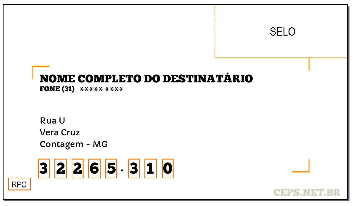 CEP CONTAGEM - MG, DDD 31, CEP 32265310, RUA U, BAIRRO VERA CRUZ.