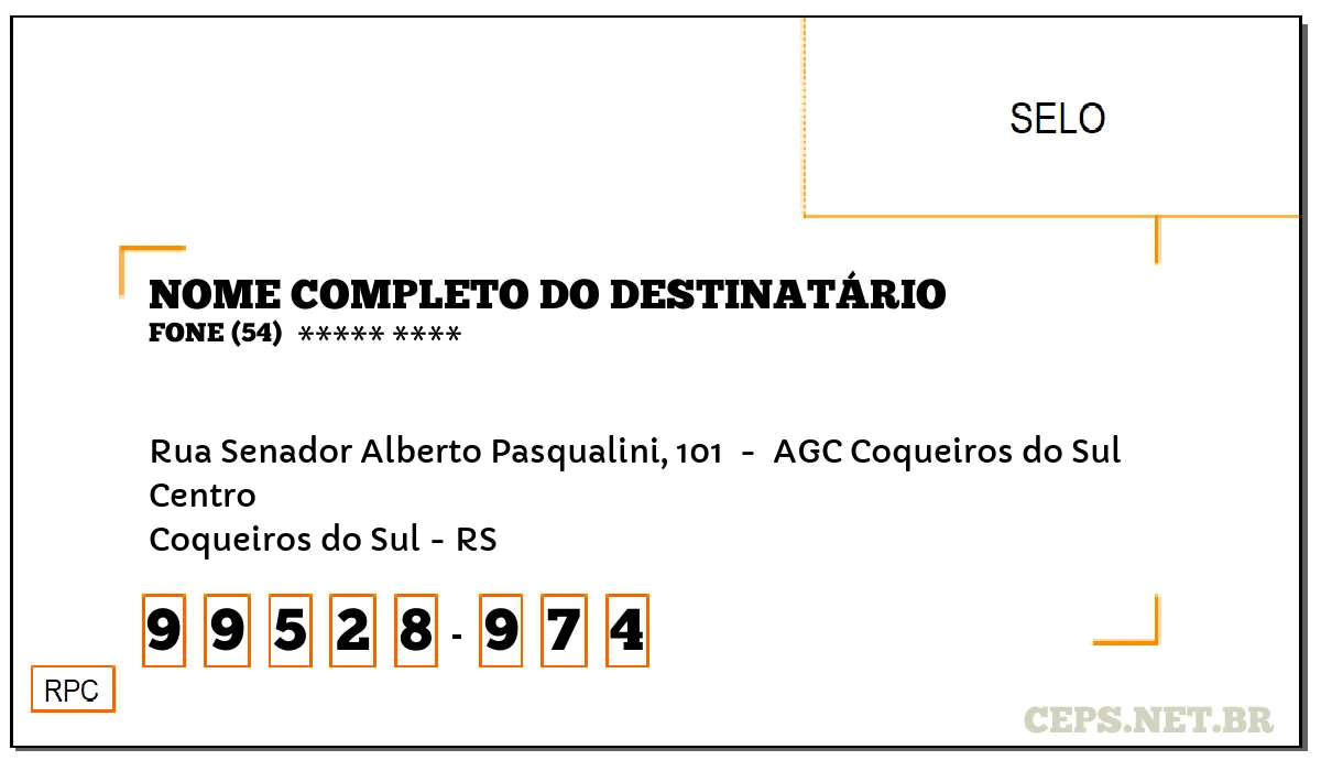 CEP COQUEIROS DO SUL - RS, DDD 54, CEP 99528974, RUA SENADOR ALBERTO PASQUALINI, 101 , BAIRRO CENTRO.