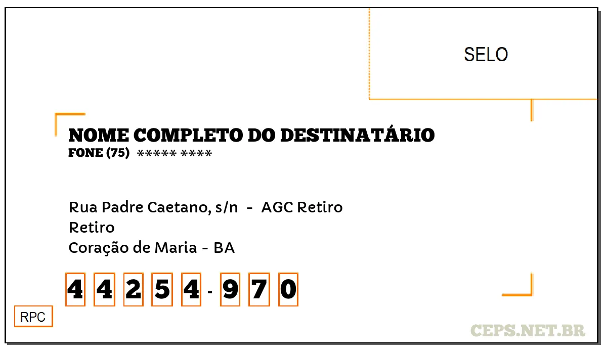 CEP CORAÇÃO DE MARIA - BA, DDD 75, CEP 44254970, RUA PADRE CAETANO, S/N , BAIRRO RETIRO.