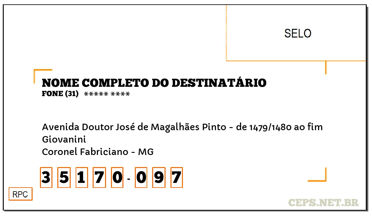 CEP CORONEL FABRICIANO - MG, DDD 31, CEP 35170097, AVENIDA DOUTOR JOSÉ DE MAGALHÃES PINTO - DE 1479/1480 AO FIM, BAIRRO GIOVANINI.