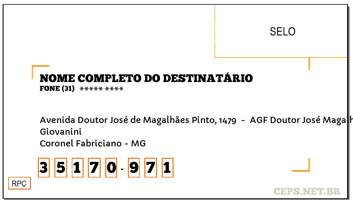 CEP CORONEL FABRICIANO - MG, DDD 31, CEP 35170971, AVENIDA DOUTOR JOSÉ DE MAGALHÃES PINTO, 1479 , BAIRRO GIOVANINI.