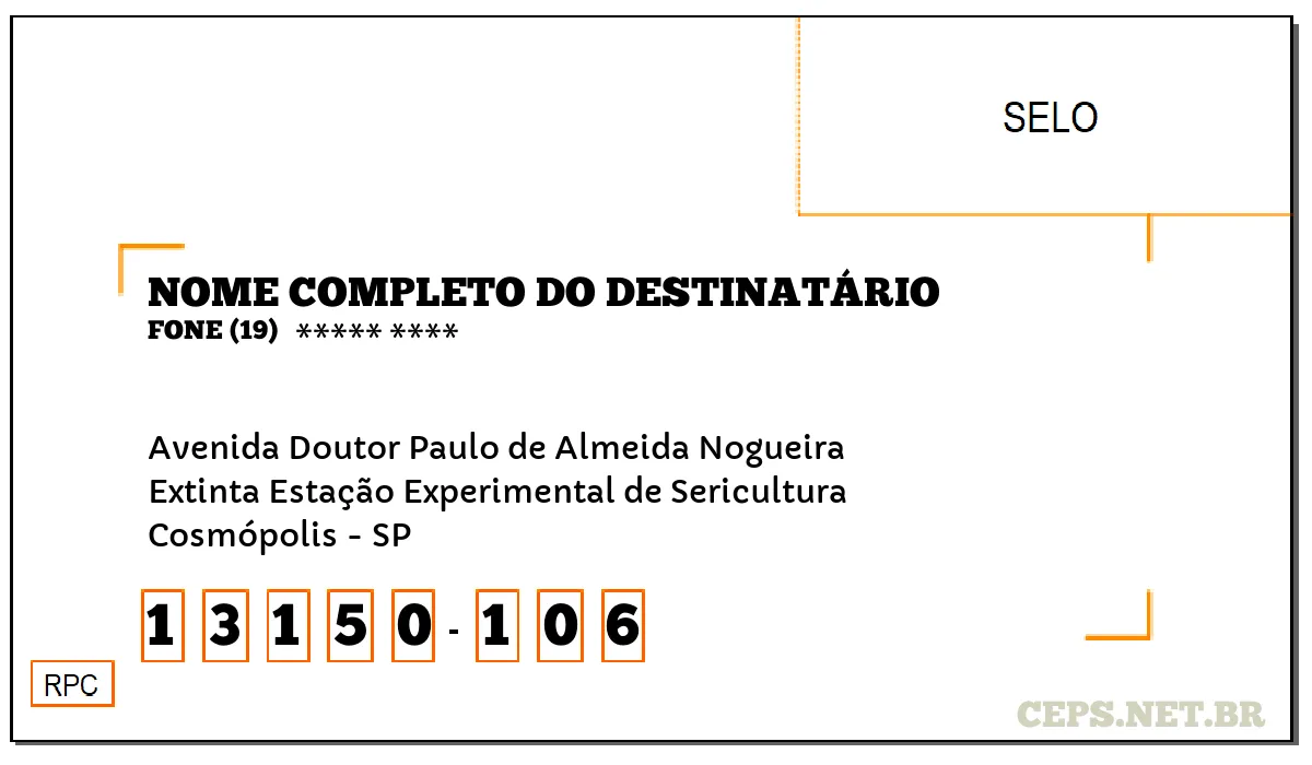 CEP COSMÓPOLIS - SP, DDD 19, CEP 13150106, AVENIDA DOUTOR PAULO DE ALMEIDA NOGUEIRA, BAIRRO EXTINTA ESTAÇÃO EXPERIMENTAL DE SERICULTURA.