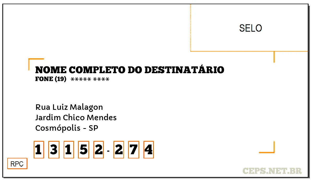 CEP COSMÓPOLIS - SP, DDD 19, CEP 13152274, RUA LUIZ MALAGON, BAIRRO JARDIM CHICO MENDES.