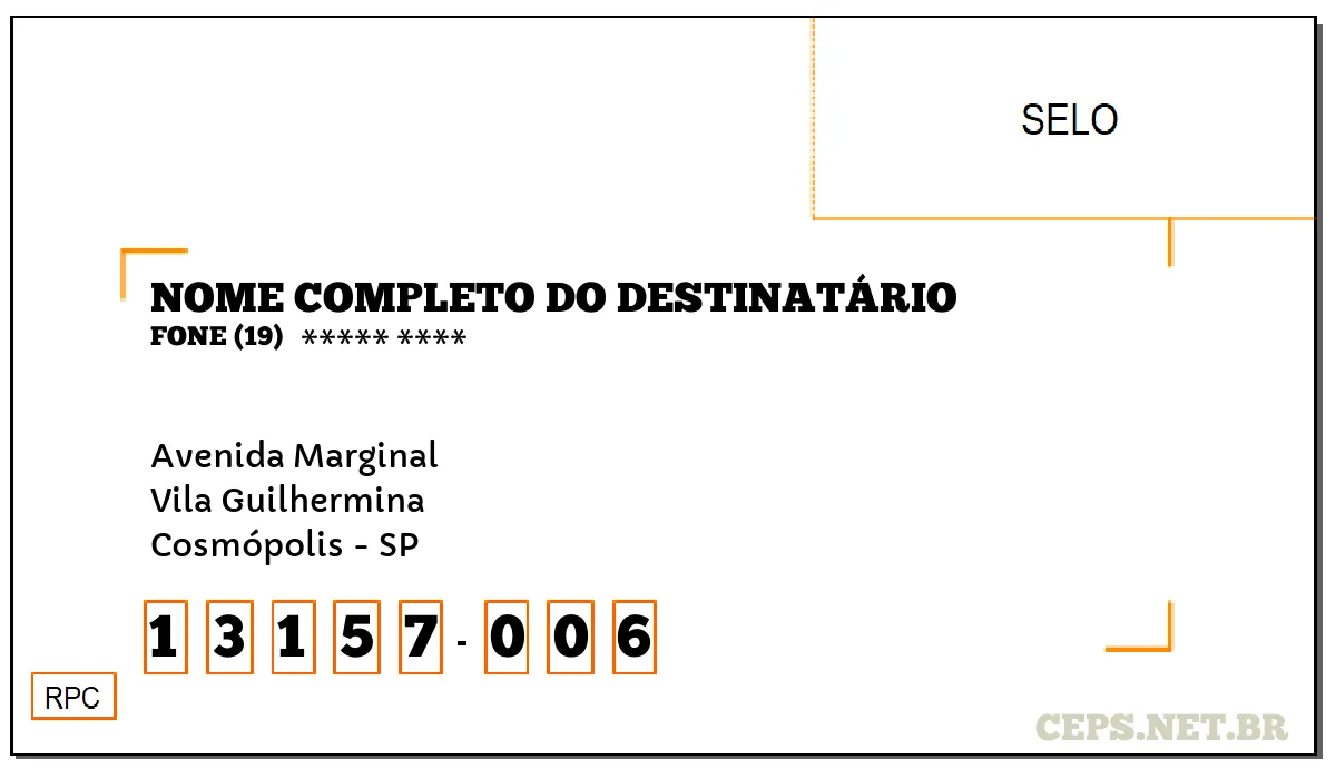 CEP COSMÓPOLIS - SP, DDD 19, CEP 13157006, AVENIDA MARGINAL, BAIRRO VILA GUILHERMINA.