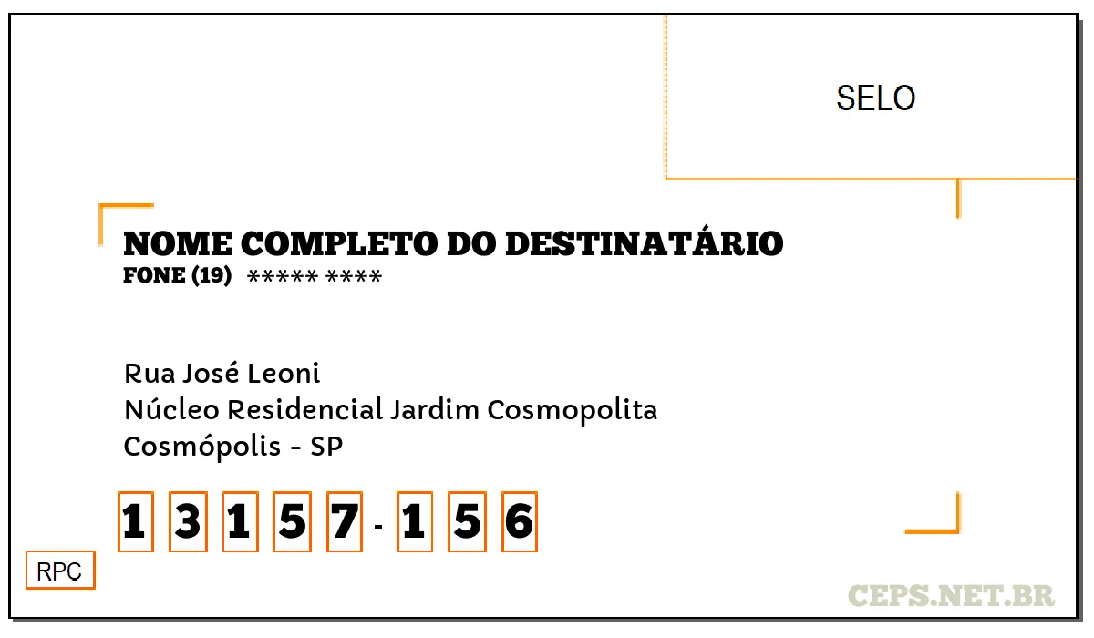 CEP COSMÓPOLIS - SP, DDD 19, CEP 13157156, RUA JOSÉ LEONI, BAIRRO NÚCLEO RESIDENCIAL JARDIM COSMOPOLITA.