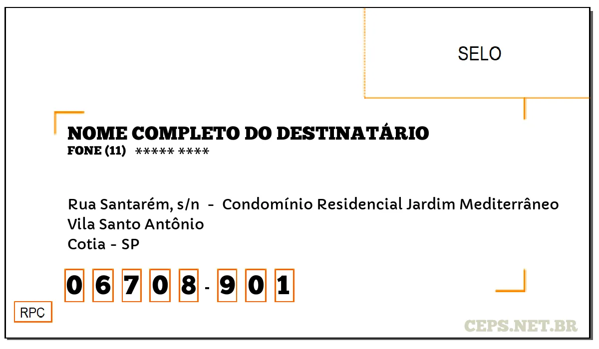 CEP COTIA - SP, DDD 11, CEP 06708901, RUA SANTARÉM, S/N , BAIRRO VILA SANTO ANTÔNIO.