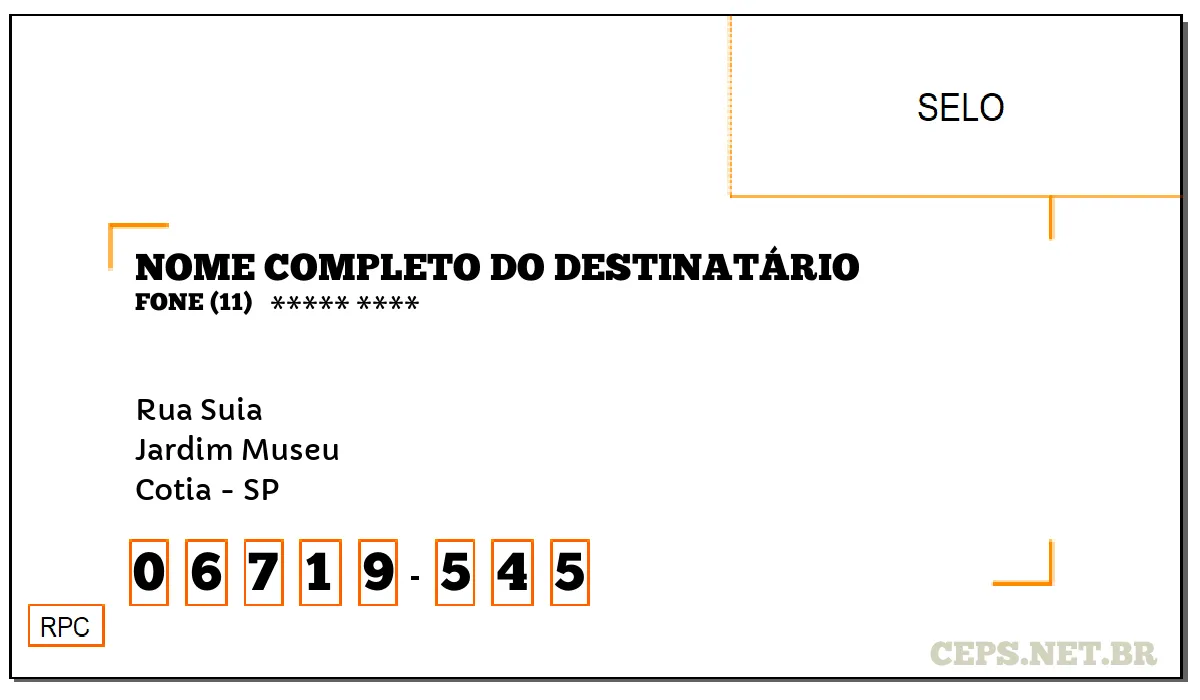 CEP COTIA - SP, DDD 11, CEP 06719545, RUA SUIA, BAIRRO JARDIM MUSEU.