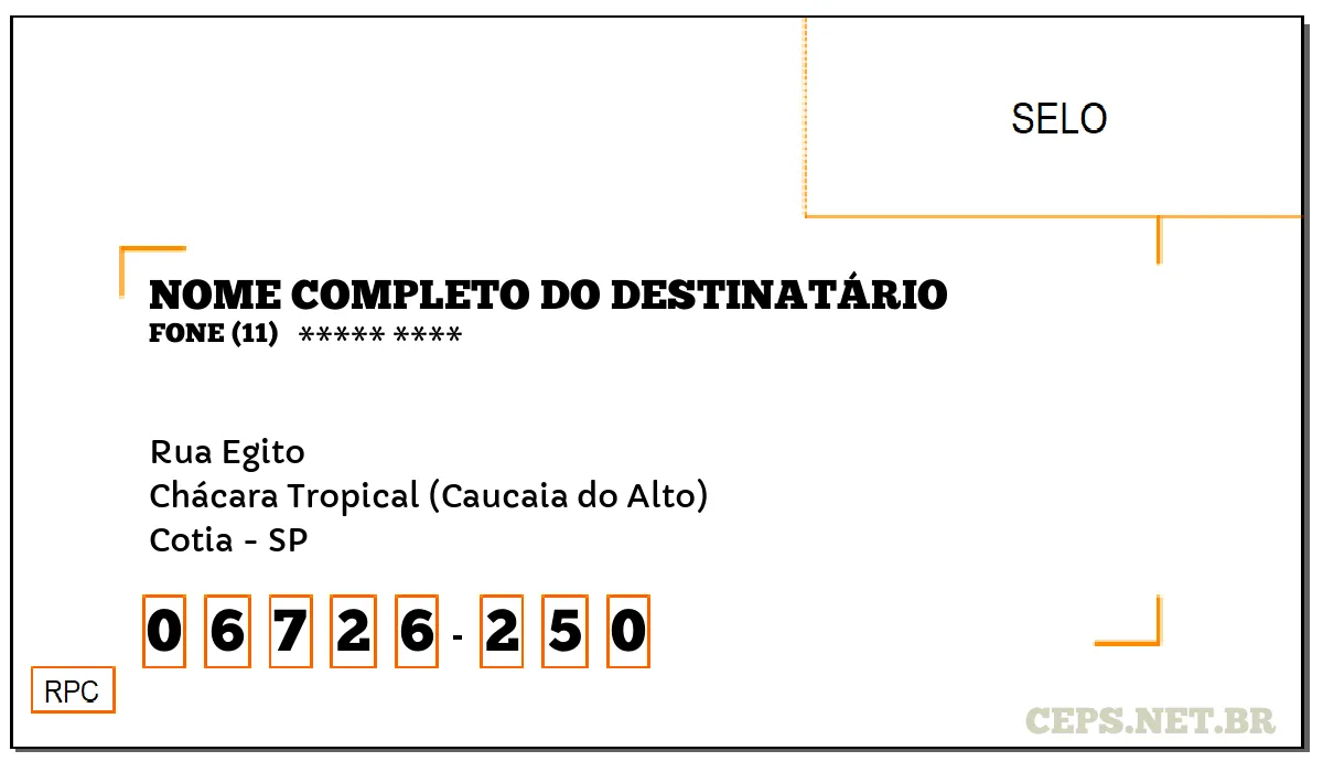 CEP COTIA - SP, DDD 11, CEP 06726250, RUA EGITO, BAIRRO CHÁCARA TROPICAL (CAUCAIA DO ALTO).