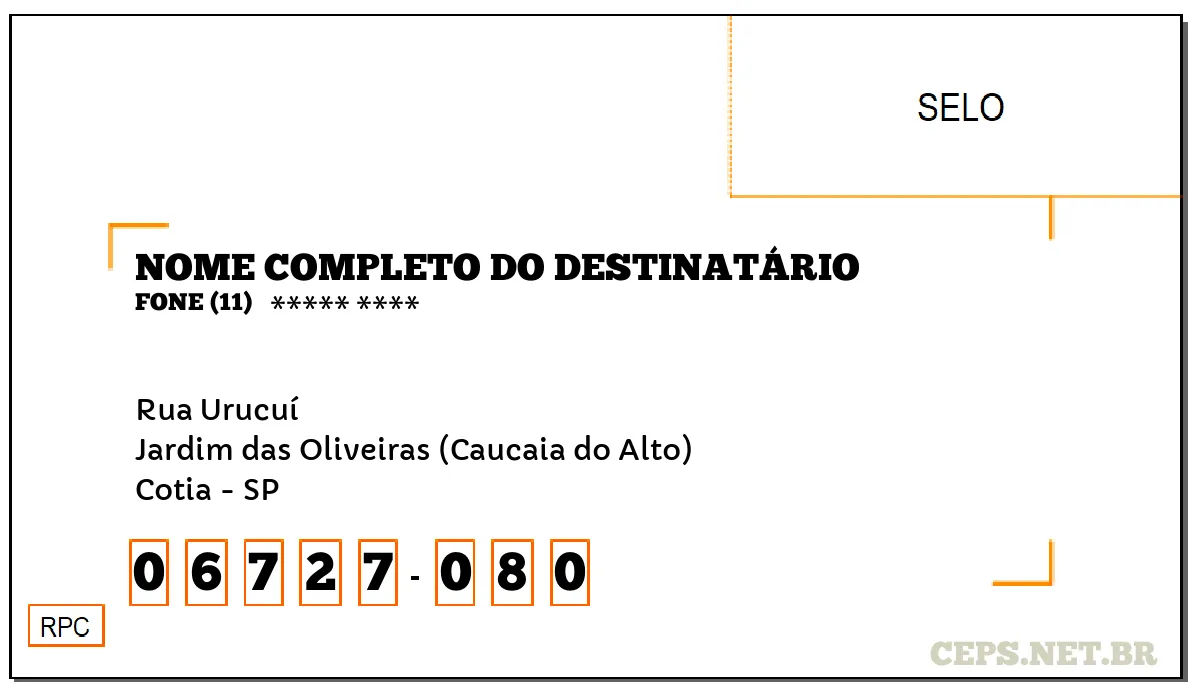 CEP COTIA - SP, DDD 11, CEP 06727080, RUA URUCUÍ, BAIRRO JARDIM DAS OLIVEIRAS (CAUCAIA DO ALTO).