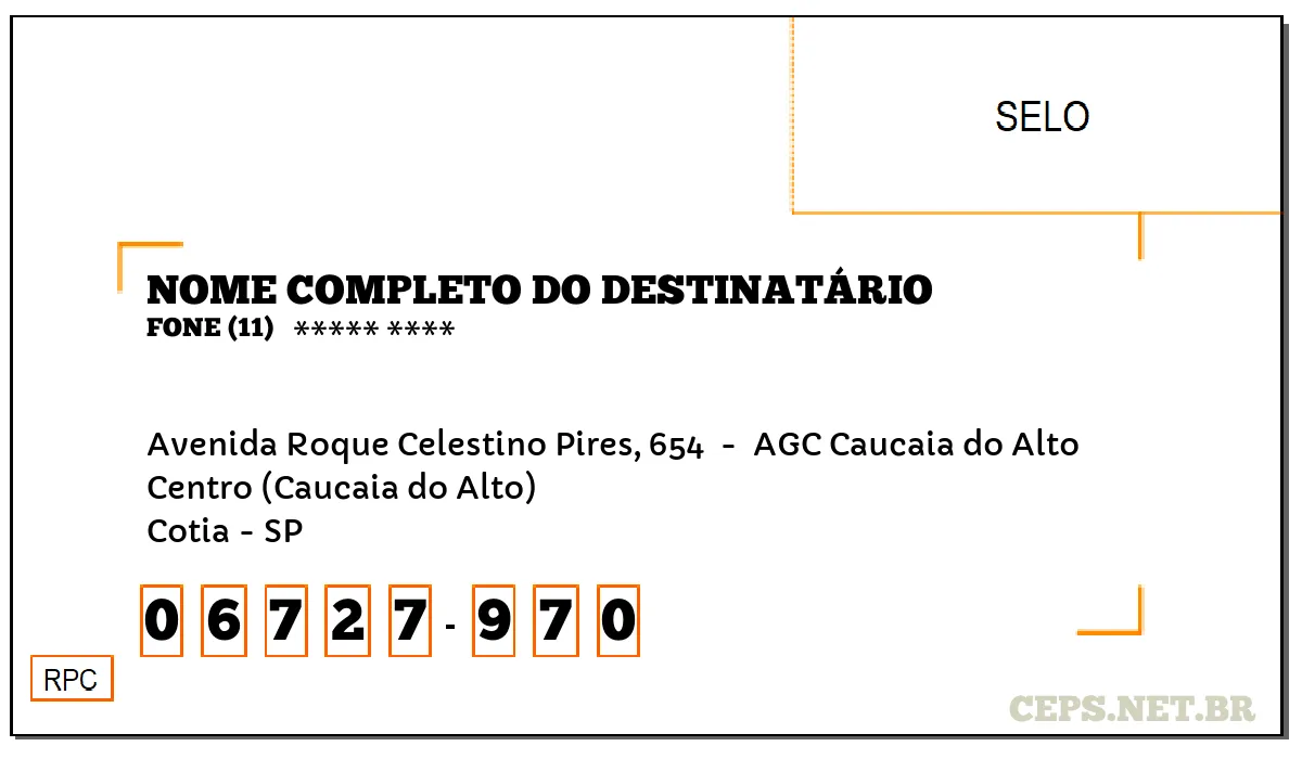 CEP COTIA - SP, DDD 11, CEP 06727970, AVENIDA ROQUE CELESTINO PIRES, 654 , BAIRRO CENTRO (CAUCAIA DO ALTO).