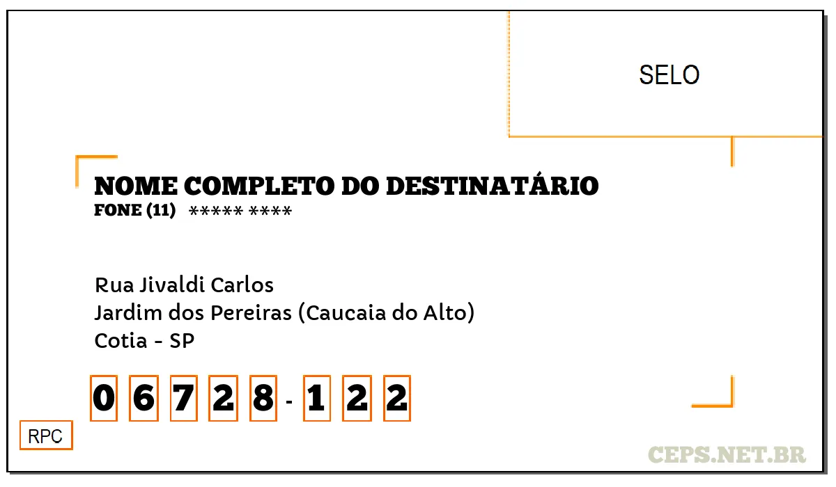 CEP COTIA - SP, DDD 11, CEP 06728122, RUA JIVALDI CARLOS, BAIRRO JARDIM DOS PEREIRAS (CAUCAIA DO ALTO).