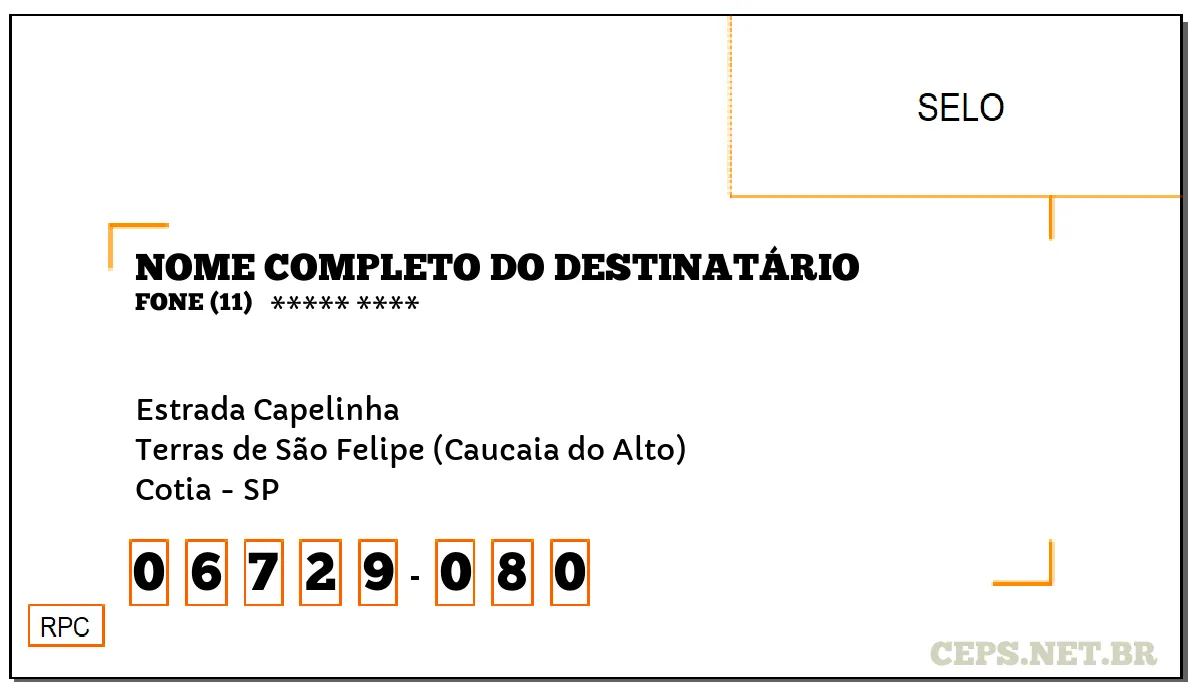 CEP COTIA - SP, DDD 11, CEP 06729080, ESTRADA CAPELINHA, BAIRRO TERRAS DE SÃO FELIPE (CAUCAIA DO ALTO).