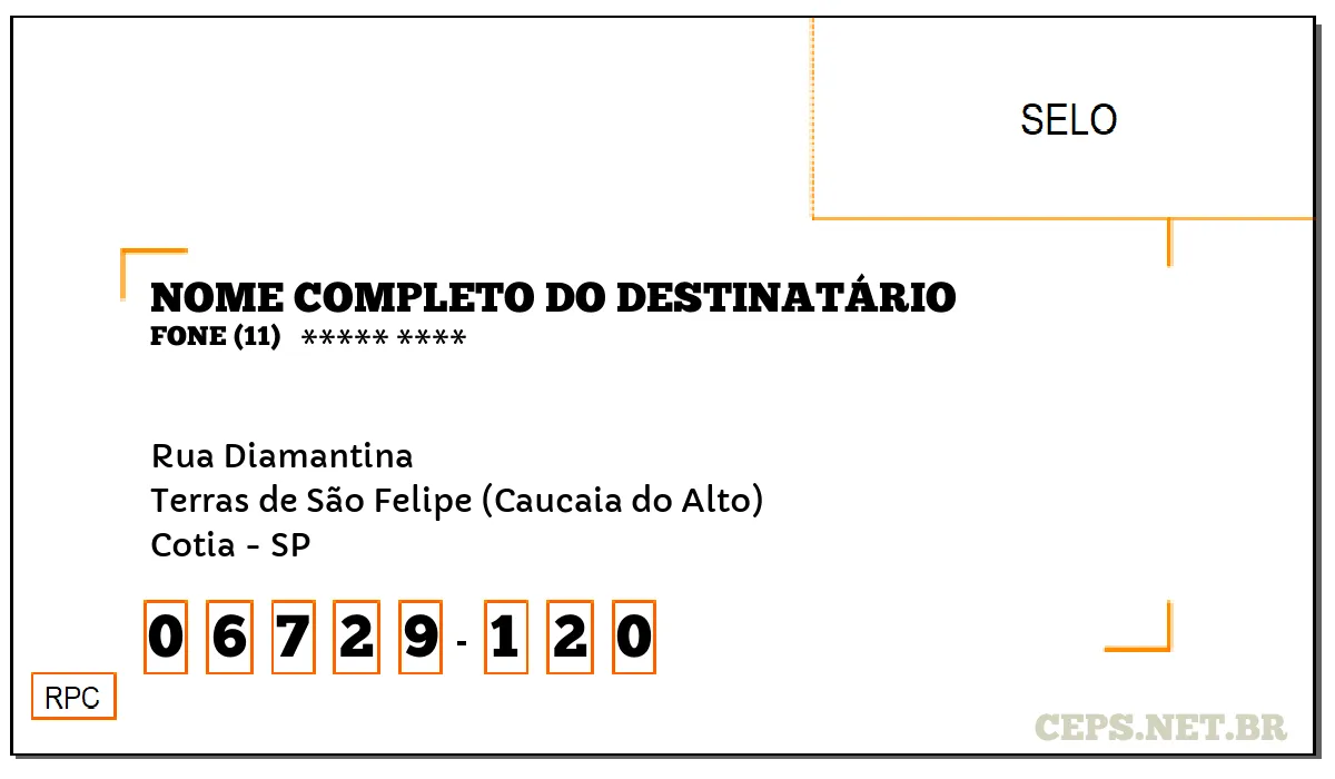 CEP COTIA - SP, DDD 11, CEP 06729120, RUA DIAMANTINA, BAIRRO TERRAS DE SÃO FELIPE (CAUCAIA DO ALTO).