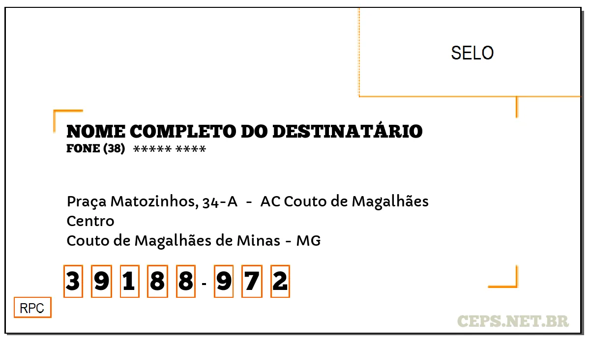 CEP COUTO DE MAGALHÃES DE MINAS - MG, DDD 38, CEP 39188972, PRAÇA MATOZINHOS, 34-A , BAIRRO CENTRO.