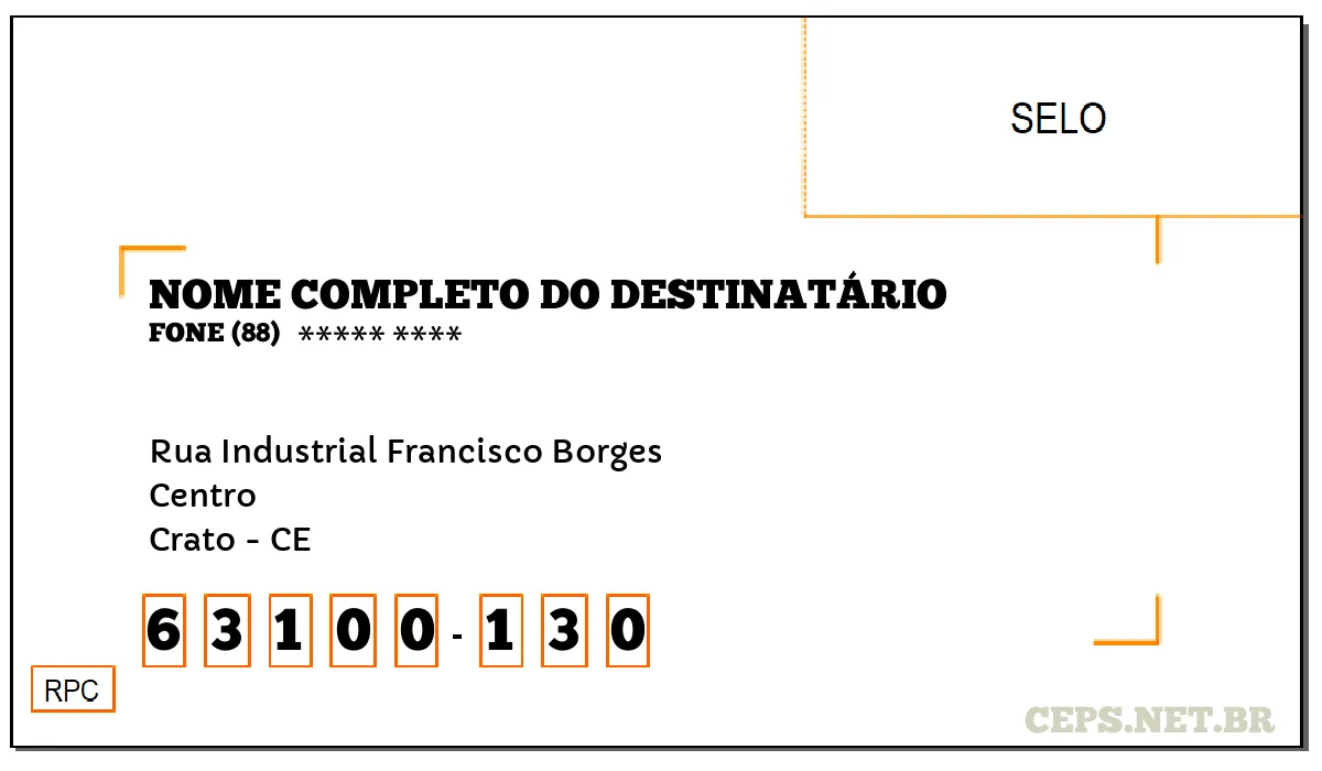 CEP CRATO - CE, DDD 88, CEP 63100130, RUA INDUSTRIAL FRANCISCO BORGES, BAIRRO CENTRO.