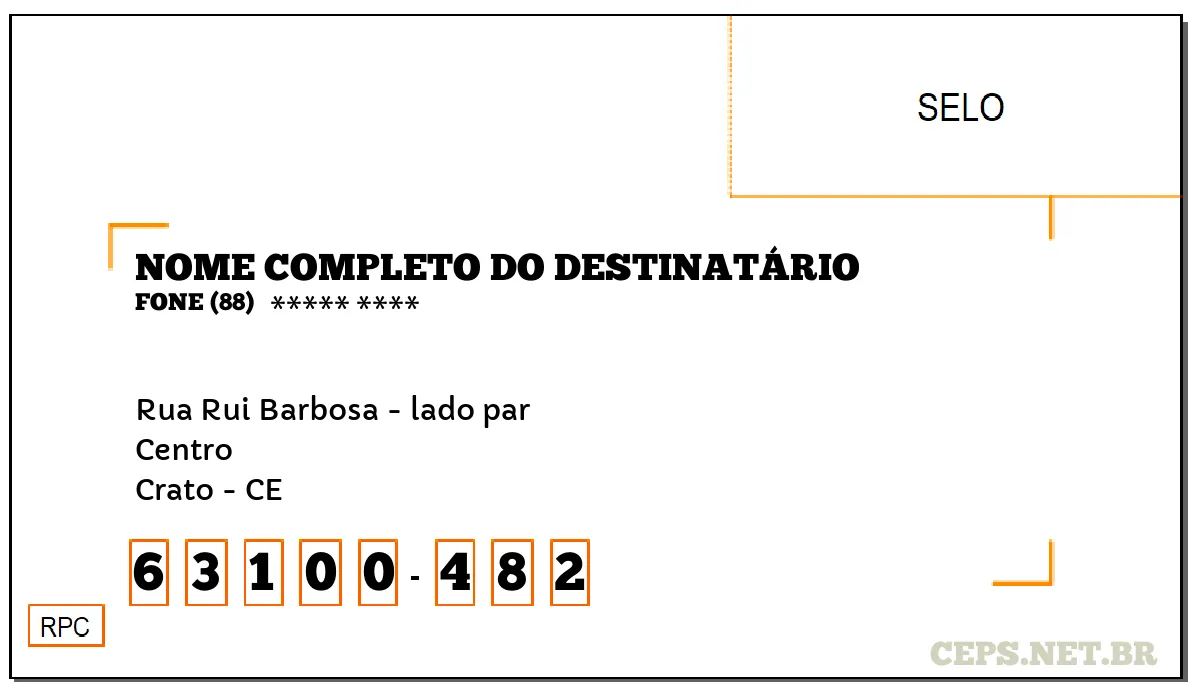 CEP CRATO - CE, DDD 88, CEP 63100482, RUA RUI BARBOSA - LADO PAR, BAIRRO CENTRO.