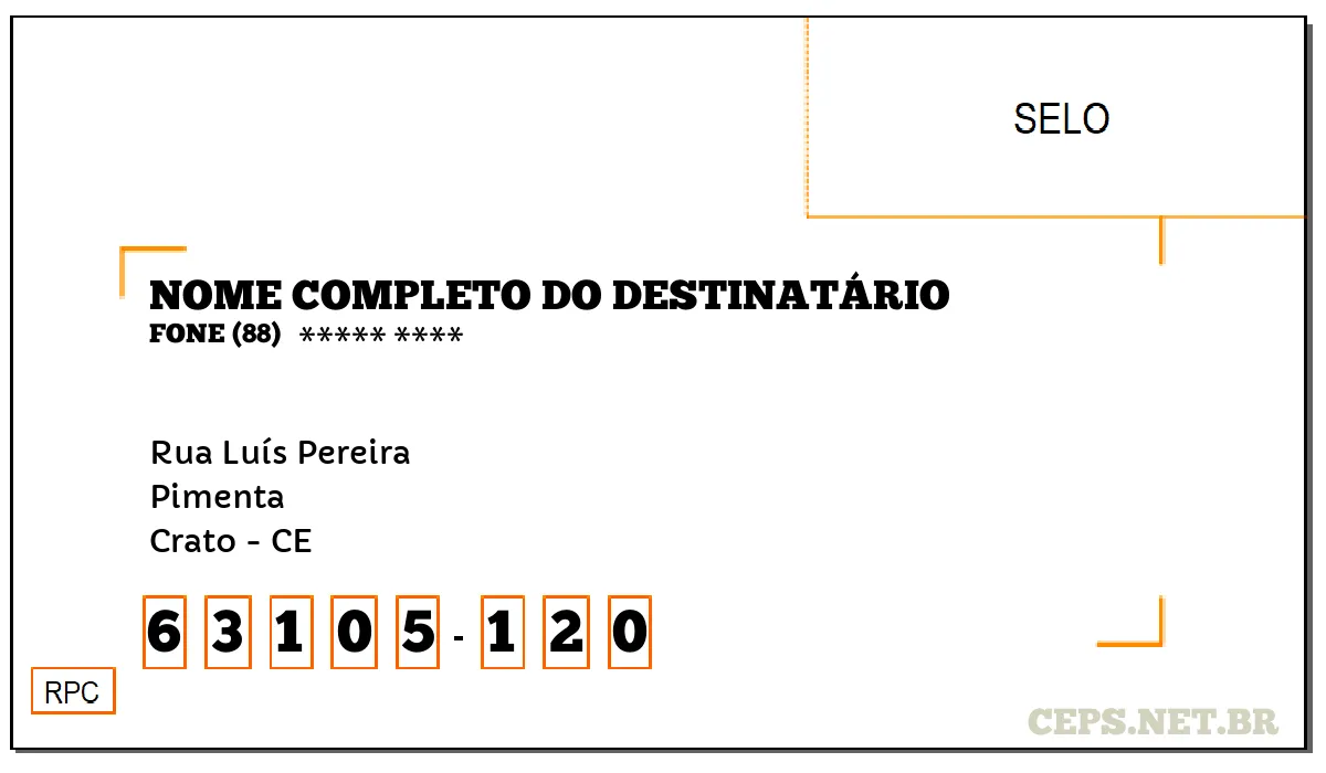 CEP CRATO - CE, DDD 88, CEP 63105120, RUA LUÍS PEREIRA, BAIRRO PIMENTA.