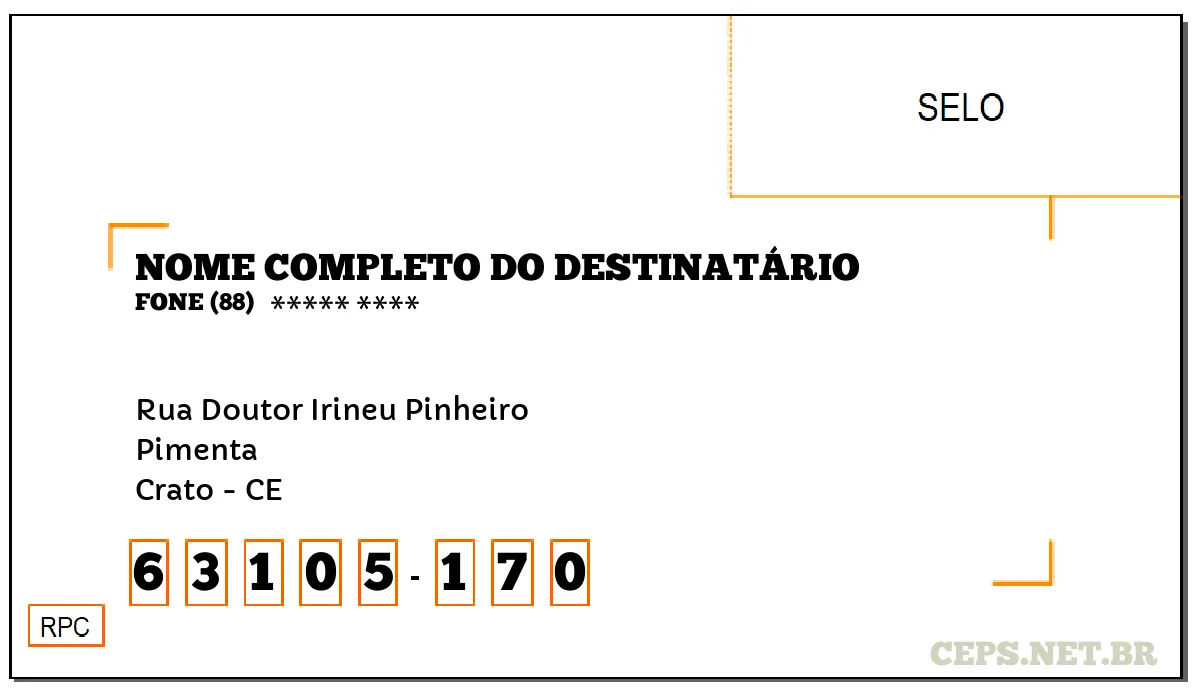 CEP CRATO - CE, DDD 88, CEP 63105170, RUA DOUTOR IRINEU PINHEIRO, BAIRRO PIMENTA.