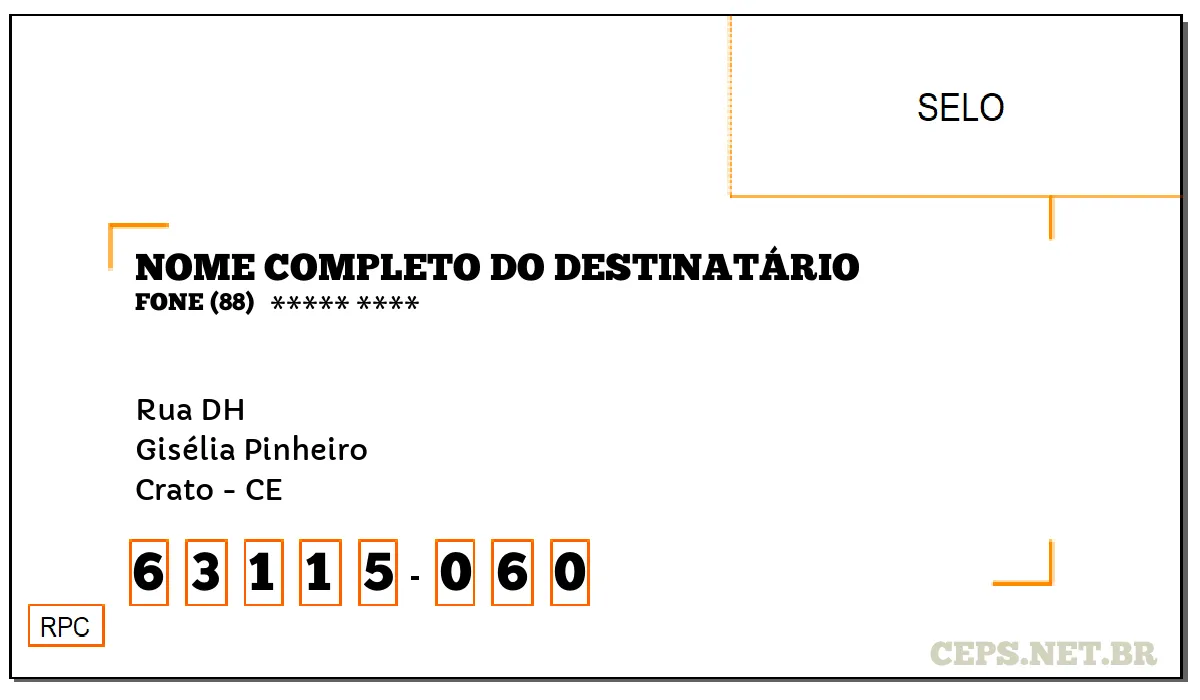 CEP CRATO - CE, DDD 88, CEP 63115060, RUA DH, BAIRRO GISÉLIA PINHEIRO.