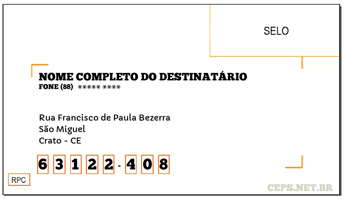 CEP CRATO - CE, DDD 88, CEP 63122408, RUA FRANCISCO DE PAULA BEZERRA, BAIRRO SÃO MIGUEL.
