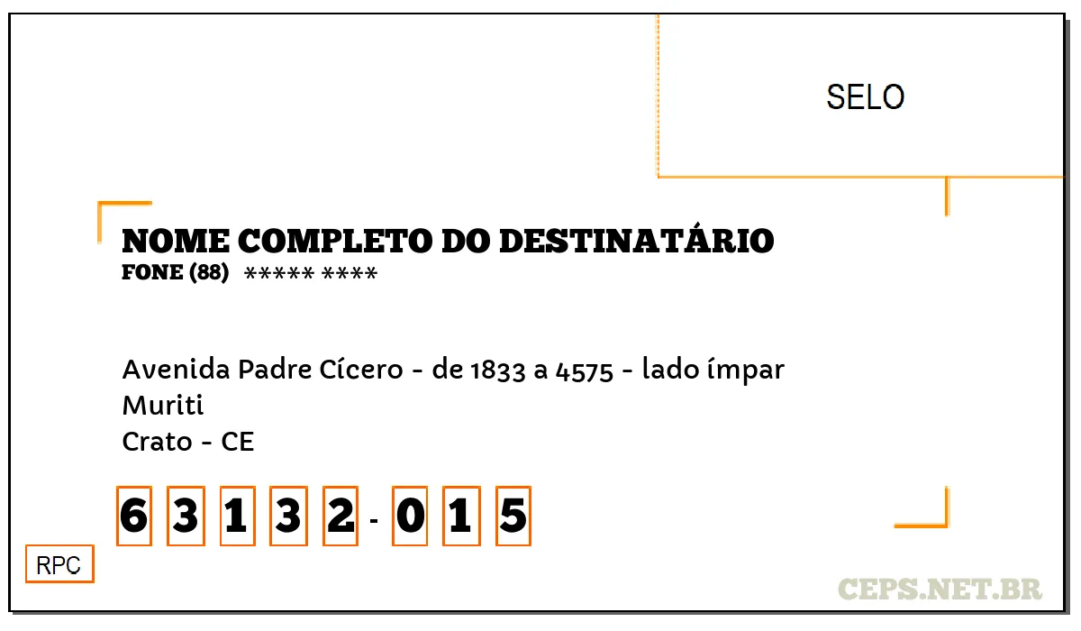 CEP CRATO - CE, DDD 88, CEP 63132015, AVENIDA PADRE CÍCERO - DE 1833 A 4575 - LADO ÍMPAR, BAIRRO MURITI.