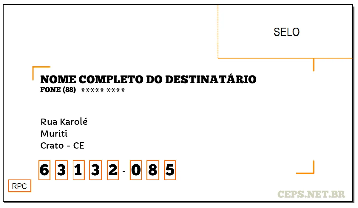 CEP CRATO - CE, DDD 88, CEP 63132085, RUA KAROLÉ, BAIRRO MURITI.