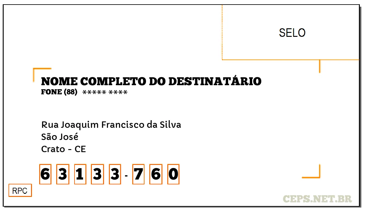 CEP CRATO - CE, DDD 88, CEP 63133760, RUA JOAQUIM FRANCISCO DA SILVA, BAIRRO SÃO JOSÉ.