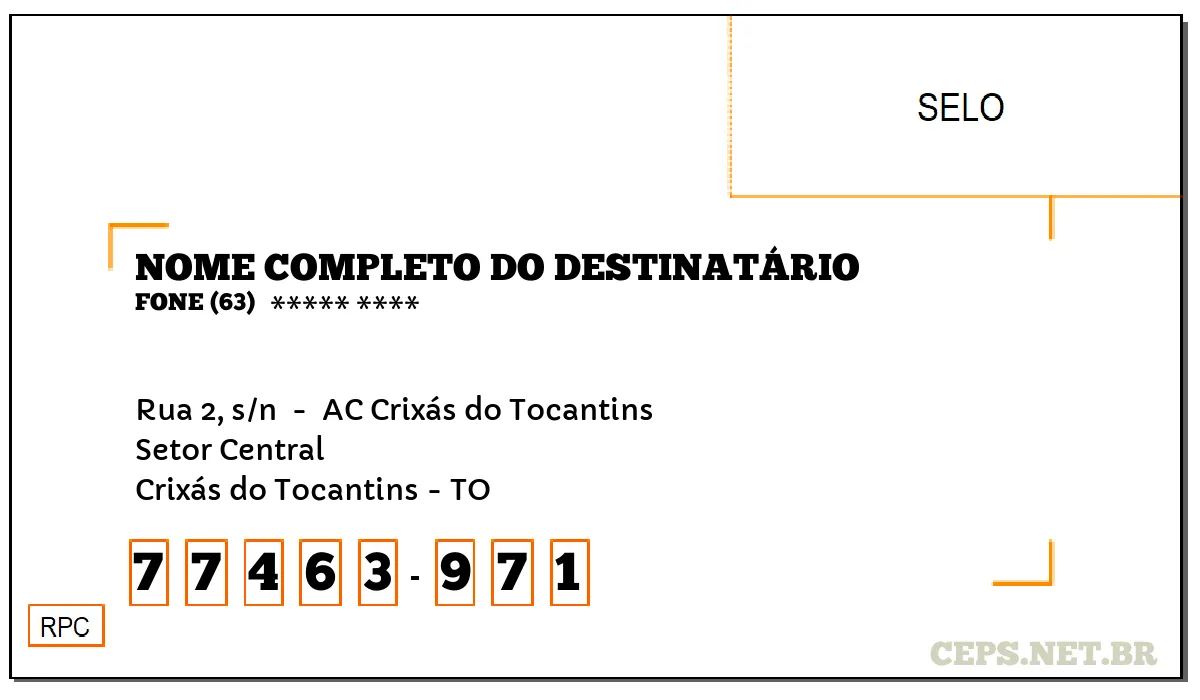 CEP CRIXÁS DO TOCANTINS - TO, DDD 63, CEP 77463971, RUA 2, S/N , BAIRRO SETOR CENTRAL.