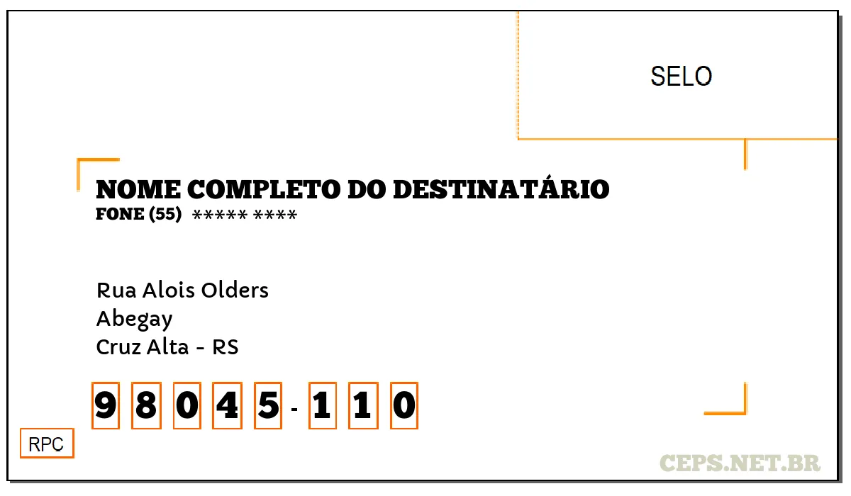 CEP CRUZ ALTA - RS, DDD 55, CEP 98045110, RUA ALOIS OLDERS, BAIRRO ABEGAY.