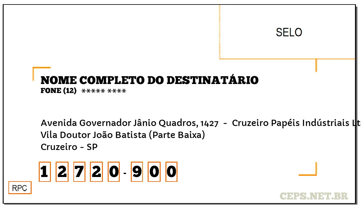 CEP CRUZEIRO - SP, DDD 12, CEP 12720900, AVENIDA GOVERNADOR JÂNIO QUADROS, 1427 , BAIRRO VILA DOUTOR JOÃO BATISTA (PARTE BAIXA).