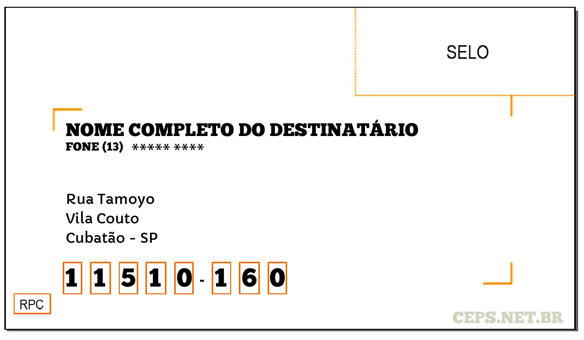 CEP CUBATÃO - SP, DDD 13, CEP 11510160, RUA TAMOYO, BAIRRO VILA COUTO.