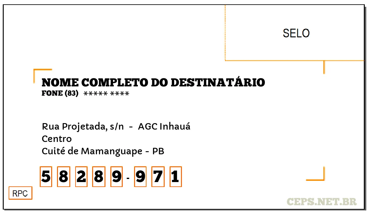 CEP CUITÉ DE MAMANGUAPE - PB, DDD 83, CEP 58289971, RUA PROJETADA, S/N , BAIRRO CENTRO.