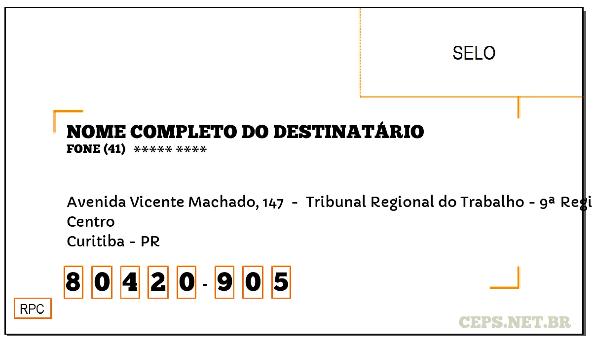 CEP CURITIBA - PR, DDD 41, CEP 80420905, AVENIDA VICENTE MACHADO, 147 , BAIRRO CENTRO.