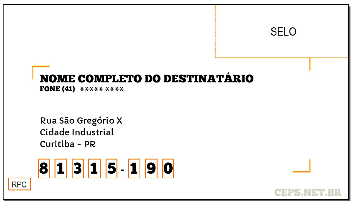 CEP CURITIBA - PR, DDD 41, CEP 81315190, RUA SÃO GREGÓRIO X, BAIRRO CIDADE INDUSTRIAL.