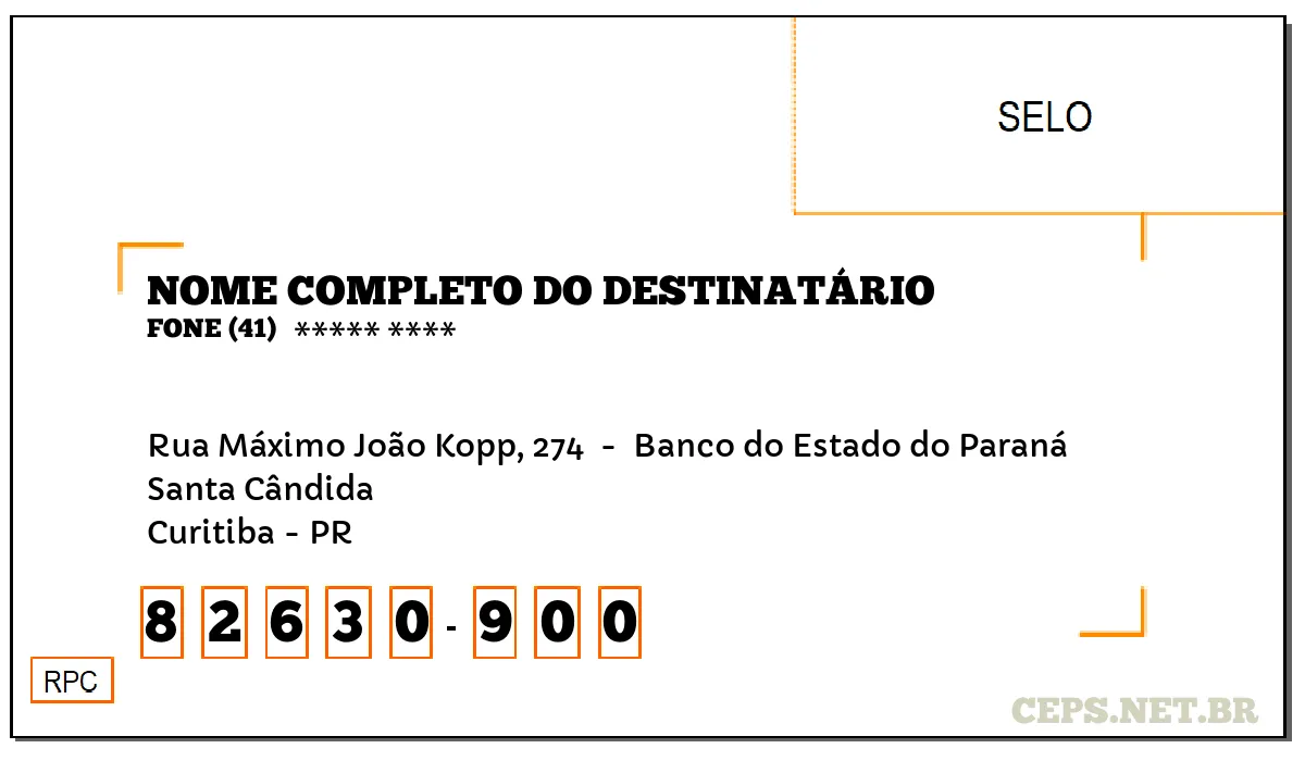 CEP CURITIBA - PR, DDD 41, CEP 82630900, RUA MÁXIMO JOÃO KOPP, 274 , BAIRRO SANTA CÂNDIDA.